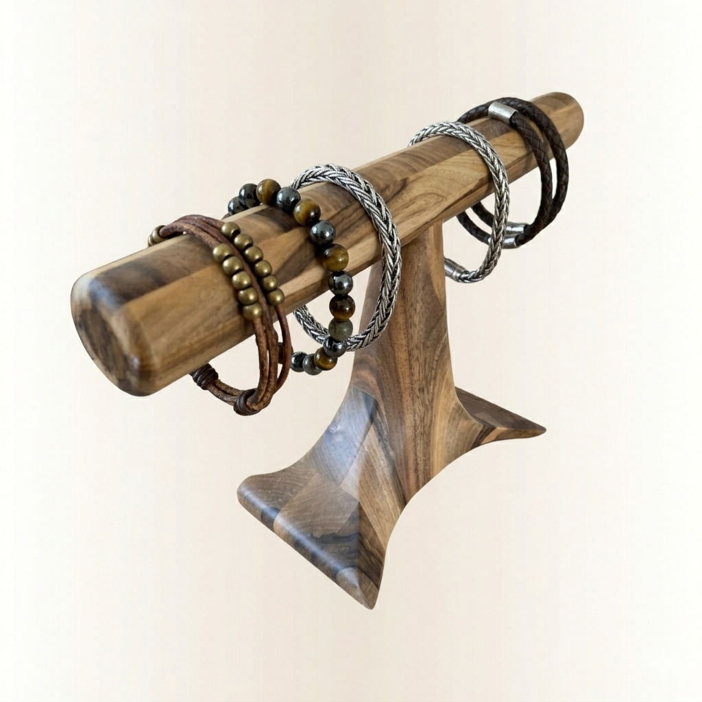 Ciemny drewniany stojak ekspozycyjny z kolekcją bransoletek i zegarków, w tym smartwatchem i zegarkami klasycznymi, na jasnym tle.